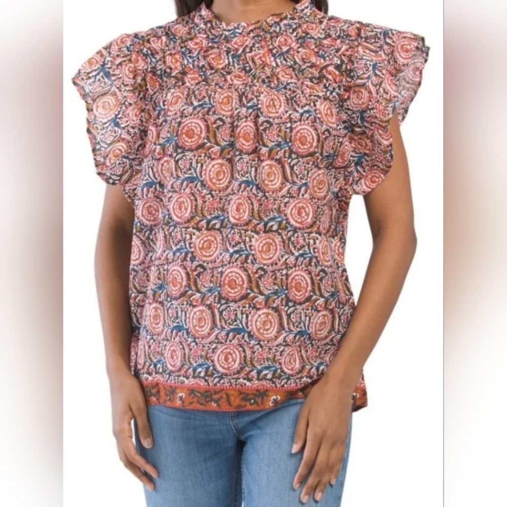 Jennifer & Grace Lattice Yoke Printed Blouse Top